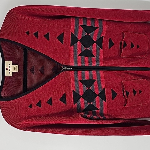 Woolrich Elegant Ruby Red Aztec Design Zip Front Sweater - Picture 1 of 16